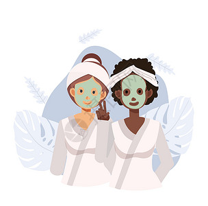 皮肤卡2名脸上戴着粘土面罩的妇女 非洲裔美国人 朋友Spa皮肤护理治疗 气压矢量卡图字形示意图(缩略图)插画