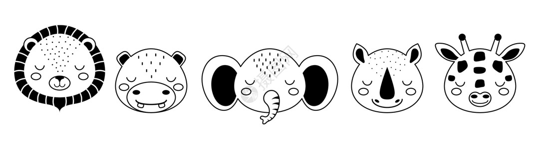 收集斯堪的纳维亚风格的卡通动物面孔 可爱的动物儿童 T 恤 服装 幼儿园装饰 贺卡 黑白狮子 大象 河马 犀牛 长颈鹿背景图片