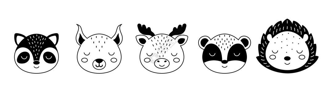 收集斯堪的纳维亚风格的卡通动物面孔 可爱的动物儿童 T 恤 服装 幼儿园装饰 贺卡 黑白浣熊 松鼠 驼鹿 獾 刺猬背景图片