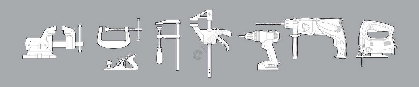 穿孔器工具图标集 电动工具-矢量图 概念-修复 金属制品和木工工具 钻 虎钳和拼图插画