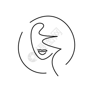 老练女孩面孔 - 细的连续线画 美容院图标 发型 嘴唇 矢量标志插画
