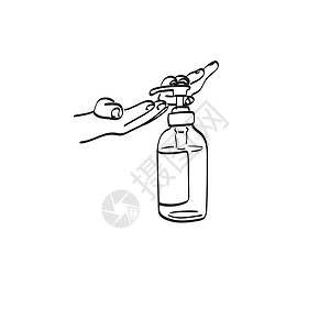 酒精洗手液预防冠状病毒的爆发 通过白底线艺术脱钩的用手来说明病媒的情况;清洗剂酒精凝胶擦洗干净的手卫生设计图片