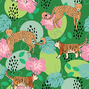 无缝无缝丛林模式 形状多姿多彩 树叶 木 猎豹和老虎背景图片