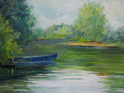钓鱼油画素材乡村和船上的风景 油画背景
