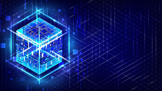 HUD 能量盒 智能代码 大数据 数字芯片 眩光网格线 发光 3D 立方体 中央处理器核心 抽象网格背景 电脑工程师 区块链网络设计图片