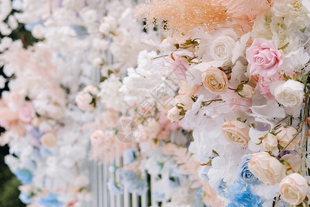 在街上举行婚礼仪式的地方 装饰的婚礼场所风格已婚庆典花艺椅子公园植物玫瑰花朵奢华背景图片