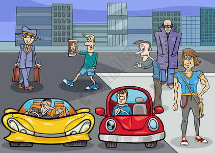 街头漫画人物在城市的街道上背景图片