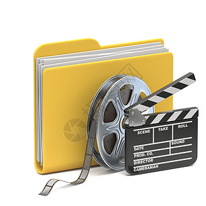电影黄色黄色文件夹图标 电影 Reel 和 Clapboard 3D 显示白色背景上孤立的插图背景