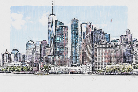 草图城市水彩画草图或纽约市城市摩天大楼的美丽景象插图 请见此背景