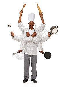 厨师全身多任务是一种厨师游戏 8只手拿着不同炊具的厨师在做饭背景
