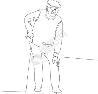 一名带拐杖的资深男子的全长肖像甘蔗等高线生活祖父老化退休绘画养老金男性老年设计图片
