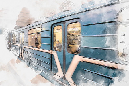 地铁宣传图移动地铁列车水彩色绘画图背景