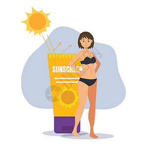 穿着泳衣的女孩皮肤护理概念 在太阳保护线附近穿着泳衣的微笑妇女快乐 Flat 矢量卡通字符 I 说明设计图片