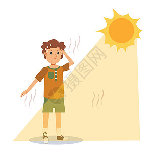 中暑概念 中暑和晒伤风险小男孩在烈日下 高温 炎热的天气 夏天插画