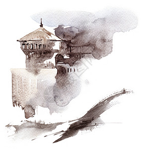 有城堡的风景艺术建筑草图天空水彩废墟墨水绘画多云素描背景图片