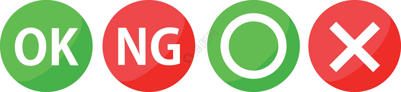 OK 标记和 NG 标记以及圆形标记和十字标记图标集 绿色和红色矢量背景图片
