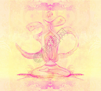 化身瑜伽妇女冥想     带有OM符号和一个漂亮女孩的艺术古董卡背景