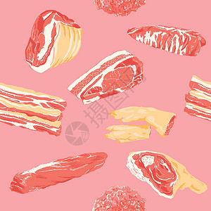 火腿紫菜蛋糕部分猪肉 切肉无缝墙纸 背景 老式手绘 矢量插图插画