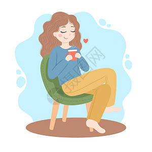 喝红糖水女孩女孩坐在椅子上 喝着茶 矢量设计图片