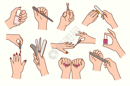 一组女人用指甲工具修指甲插画