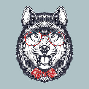 狼脸愤怒的狼手拉着红眼镜和弓领带插画