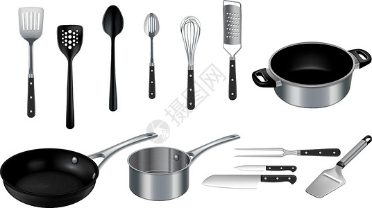 白底黑素材以白底黑钢和不锈钢制成的矢量实事求是厨房烹饪用具插画