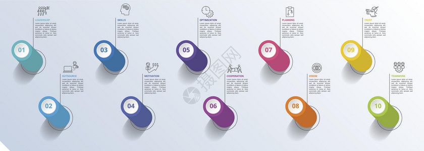员工信息表团队工作图标矢量说明 10个彩色步骤信息模板 带有可编辑文本插画