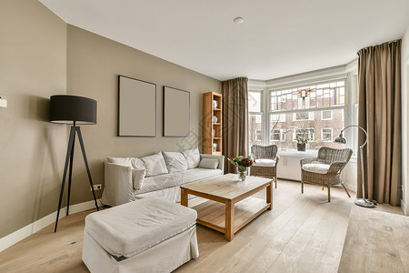 内地具有斯堪的纳维亚风格的客厅储物架景色极简白色衣柜薄纱公寓棕色桌子地板背景图片