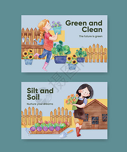 园艺花园带有园艺家庭概念 水彩色风格的Facebook模板装饰水彩孩子们营销丛林植物绿色植物叶子花园生长插画