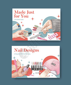 彩色的指甲带有指甲沙龙概念 水彩色风格的Facebook模板水彩抛光手指剪刀治疗广告温泉女孩美容师表皮插画