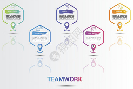 团队工作图标矢量说明 5个彩色步骤信息模板 带有可编辑文本公司组织伙伴成功员工图表标识插图战略进步背景图片