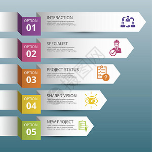 图像管理图标矢量说明 5个彩色步骤信息模板 带有可编辑文本资源贷款技术贸易城市库存服务团队产品资产背景图片
