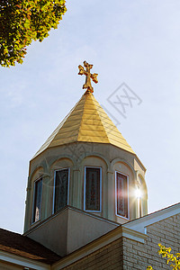 阿圭罗救主亚美尼亚教会横穿天际精神建筑石头入口大厦蓝色环境晴天拱形观光背景