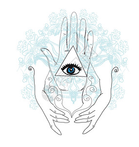 神秘象征 人类手 普罗维登斯之眼海报眼睛几何学蓝色卡片宗教灰色涂鸦打印卡通片背景图片