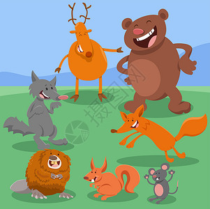 荒野求生卡通快乐野生动物人物组鸟类朋友们友谊平面吉祥物海狸团体设计老鼠漫画插画