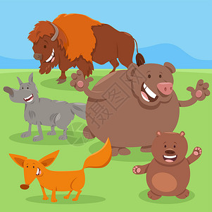狼们樱花季卡通快乐野生动物人物组团体插图漫画哺乳动物野牛婴儿收藏吉祥物朋友们平面插画