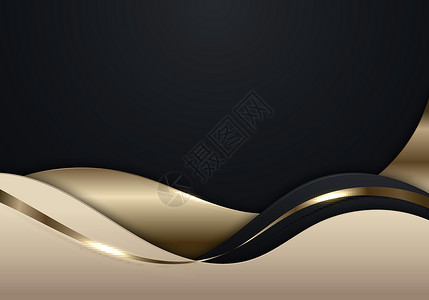 3D抽象本底金波形状 黑色背景有金丝带条纹线高清图片