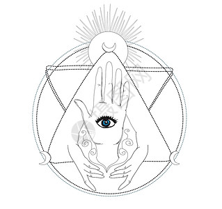 宗教象征神秘象征 人类手 普罗维登斯之眼宗教打印几何学手绘海报眼睛卡片涂鸦卡通片灰色插画