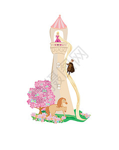 佩塔卢马高塔上的公主在等着王子的到来荒野旅行风景王国花朵动物窗户寓言城堡卡通片插画