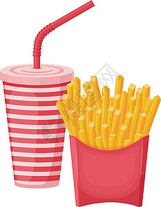 饮料盒子速快食品 薯条和碳化饮料 加炸土豆的花园 白背景隔绝的矢量插图插画