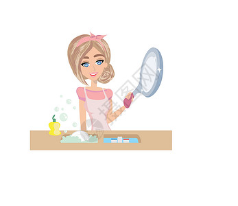 固液分离洗碗的女家庭主妇     从背景中分离出来的插图插画