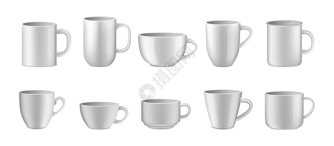 陶瓷 3D 杯样板 矢量白茶杯套装收藏阴影品牌咖啡店嘲笑空白制品食物咖啡插图插画