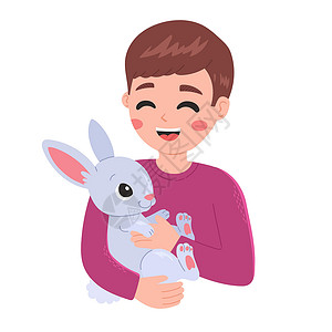 人和宠物 快乐的男孩与兔子 矢量卡通片店铺男生动物友谊艺术插图家庭兽医动物园背景图片