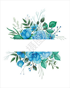 蓝色婚礼板含蓝玫瑰和绿叶的花花板插画