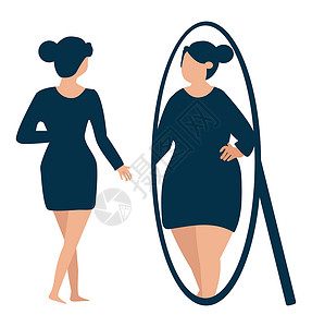 羞愧女孩看着镜子 看到她发胖设计图片