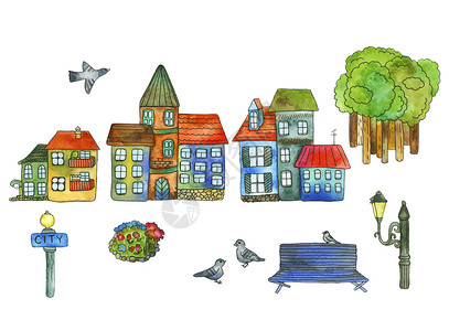 树和鸽子素材一个小镇房屋的矢量水彩色插图家园国家文化问候语手绘城市旅游历史房子鸽子插画