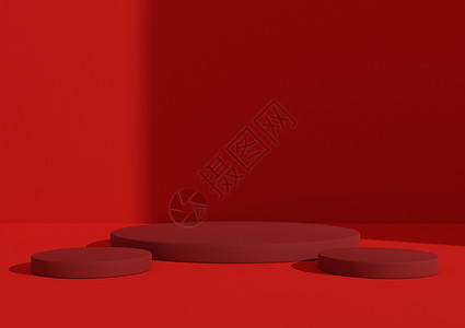 3D 配有三个讲台或立台的产品展出 简单 最小亮度的红色成份 窗口灯光从右侧射出 对化妆品有好处背景图片