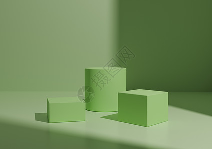 产品显示的简单最小亮度 绿色糊状三或立体成份 三维几何表示背景和右侧窗口光线背景图片