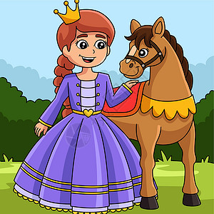 女孩和马公主和马的彩色卡通插图插画