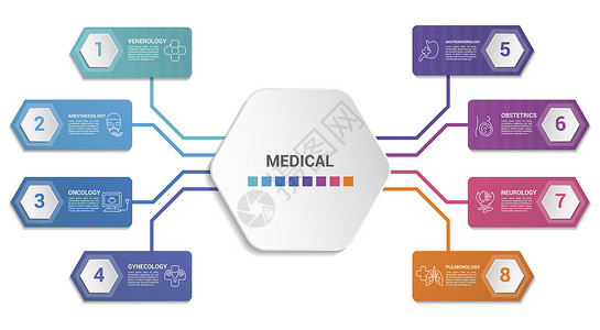 血管医学模版 不同颜色的图标 包括毒物学 麻醉科 肿瘤科 妇科等图象免疫学技术标签牙科商业战略小册子圆圈数据图表背景图片